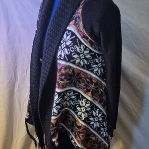 "Intro" Black Cardigan with Colorful Vibrant knit & BlackFringe (#1941) Sz.M.